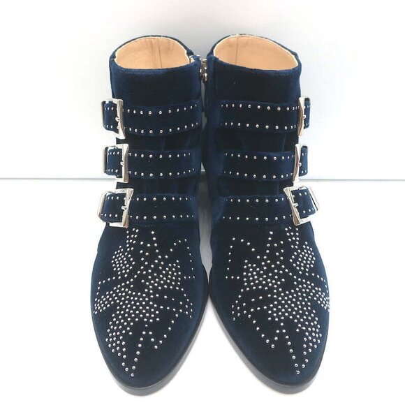 Chloe Susanna Studded Velvet Ankle Boots Navy Size 35.5 Buckle Booties NEW - Picture 4 of 11